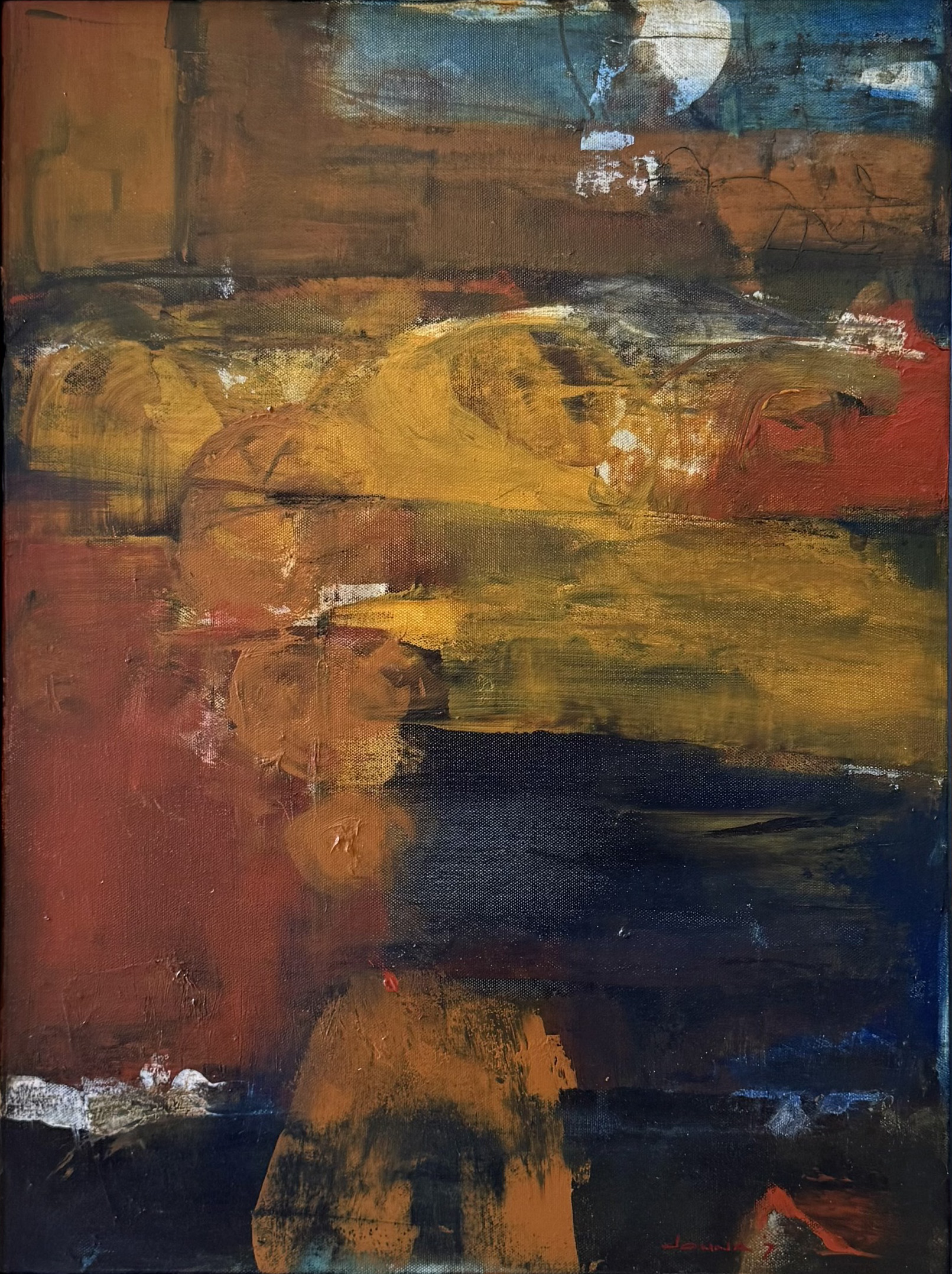 A photo shows an abstract art piece featuring several colors and textures.
