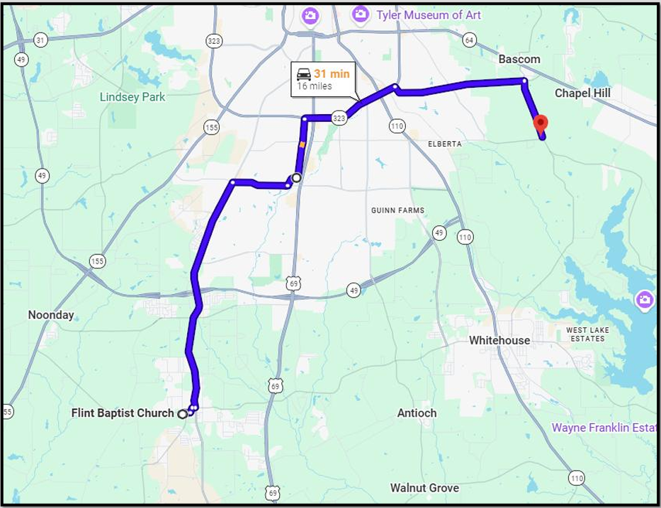 Map of procession route from Flint Baptist Church to Bascom Cemetery
