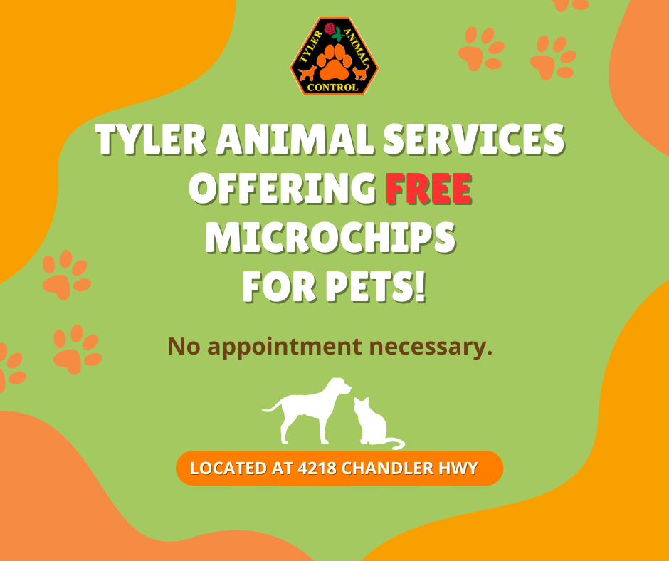 Digital graphic promoting free pet microchipping by Tyler Animal Services. The background is green with orange abstract shapes and paw prints. The text reads 'Tyler Animal Services Offering FREE Microchips for Pets!' in bold white and red. Below, in brown, it says 'No appointment necessary.' A white silhouette of a dog and cat appears above an orange banner stating 'Located at 4218 Chandler Hwy.' The Tyler Animal Control logo, featuring a hexagon with paw prints.