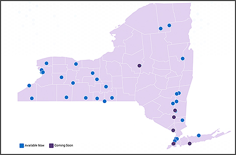 Map of New York State showing locations of MATTERS harm reduction vending machines.