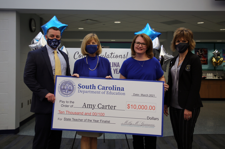 Chapin High School Principal Michael Ames, State Superintendent Molly Spearman, Teacher of the Year Finalist Amy Carter, and Lexington-Richland Five Superintendent Christina Melton