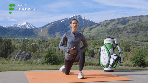 A person doing yoga outside with golf bag and mountains in the backgroundAI-generated content may be incorrect.