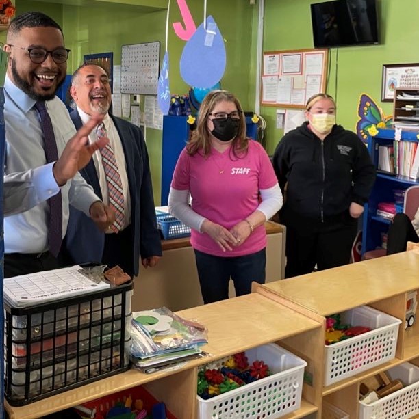 Lt. Gov. Austin Davis and Reading Mayor Eddie Moran visit a child care center in downtown Reading